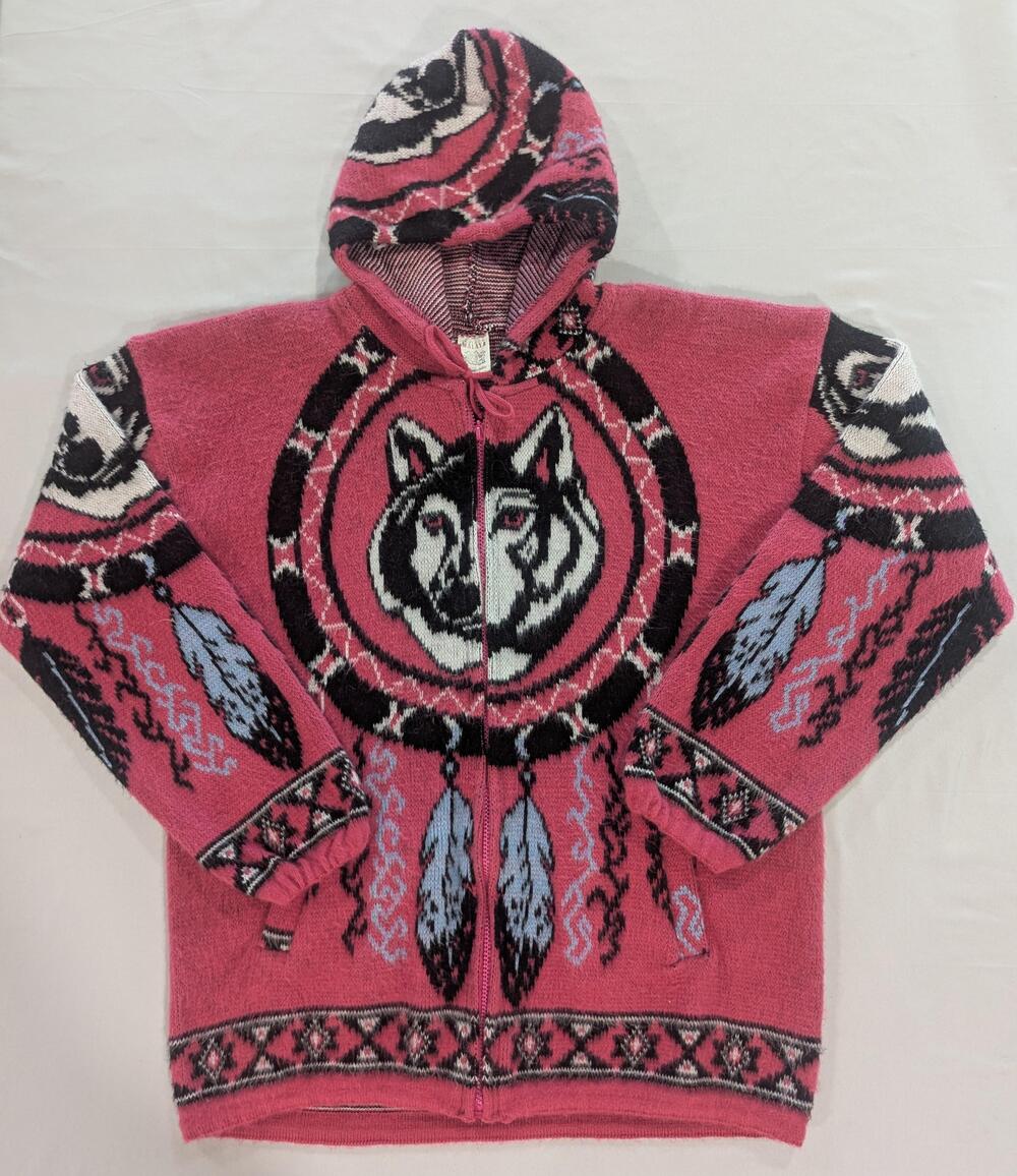 Tejidos Himalaya Sweater Womens L Pink Wool Hooded Full Zip Wolf Graphic Tribal